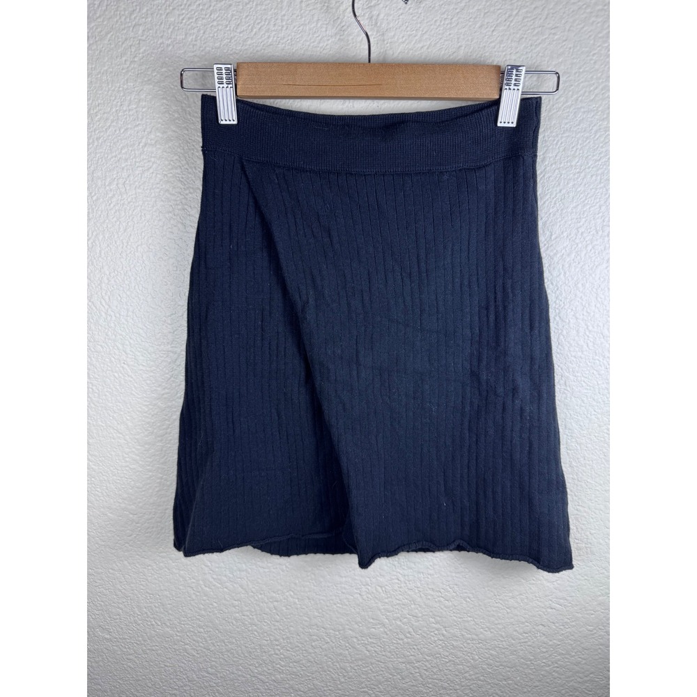 Free People Ribbed Mini‎ Skirt Women XS Black Faux Wrap Minimalist Dark Academia